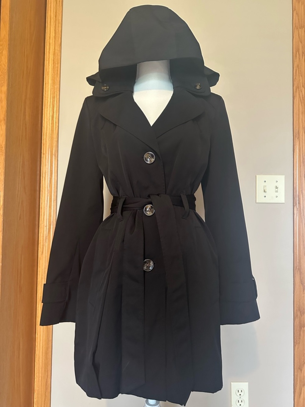 Liz Claiborne Black Double Breasted Trench Coat with Removable Hood